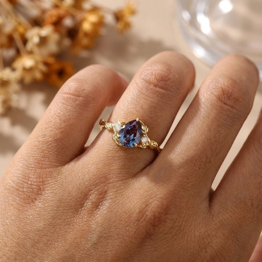 1.5CT Pear Cut Alexandrite Fern Vine Engagement Ring, 14K Gold