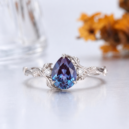 1.5CT Pear Cut Alexandrite Fern Vine Engagement Ring, 14K Gold