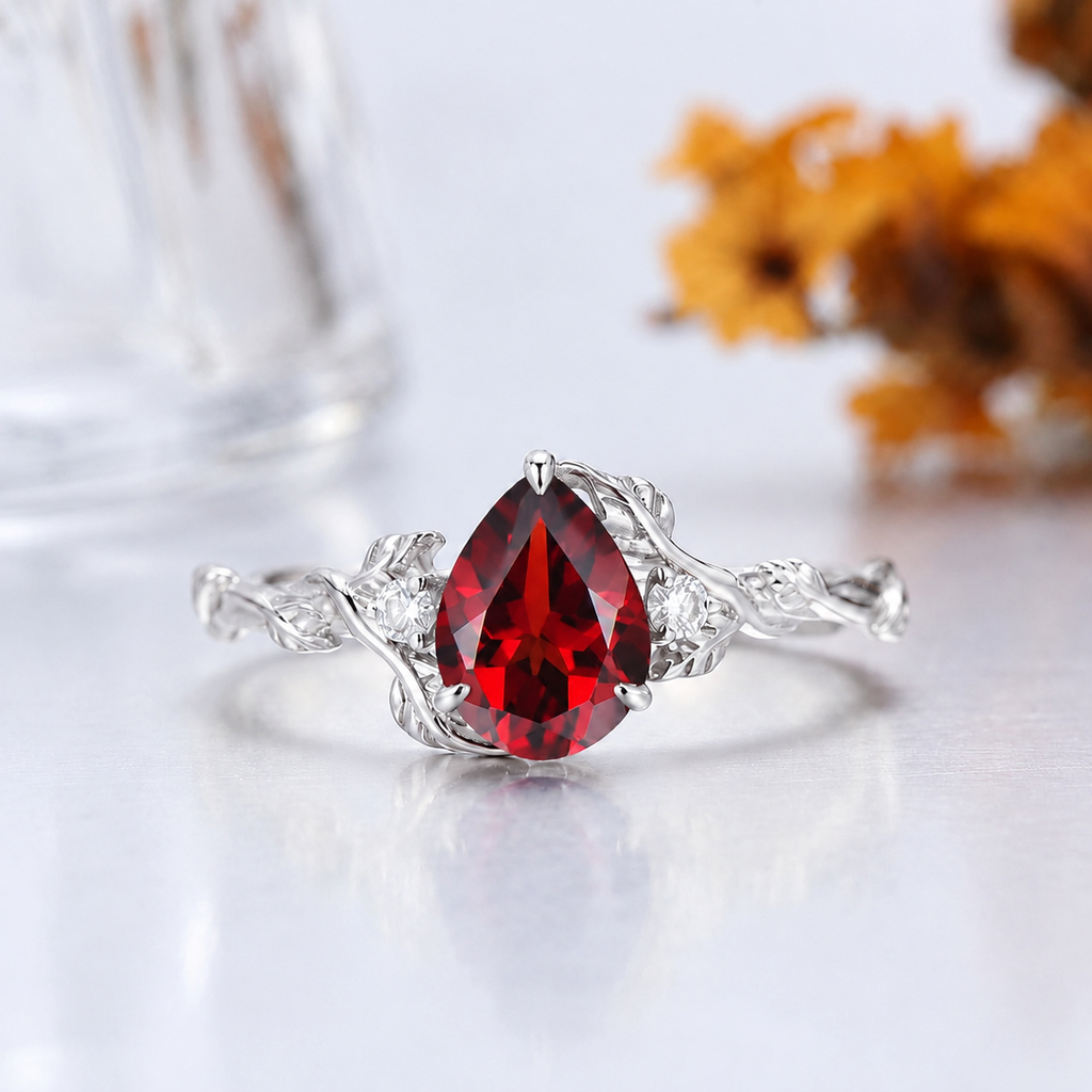 1.5CT Pear Cut Red Garnet Fern Vine Engagement Ring, 14K Gold