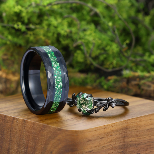 Hexagon Moss Agate Leaves Engagement Couples Ring Promise Matching Wedding Bands For Men And Women