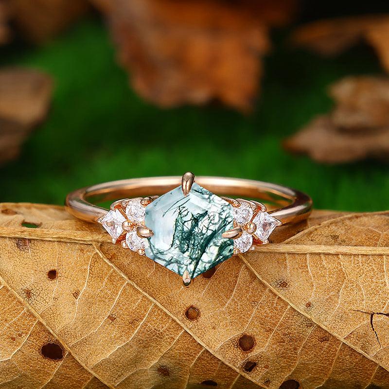 18k Natural Moss Agate Rose Gold Moissanite Diamond Cluster Bridal Ring - Esdomera
