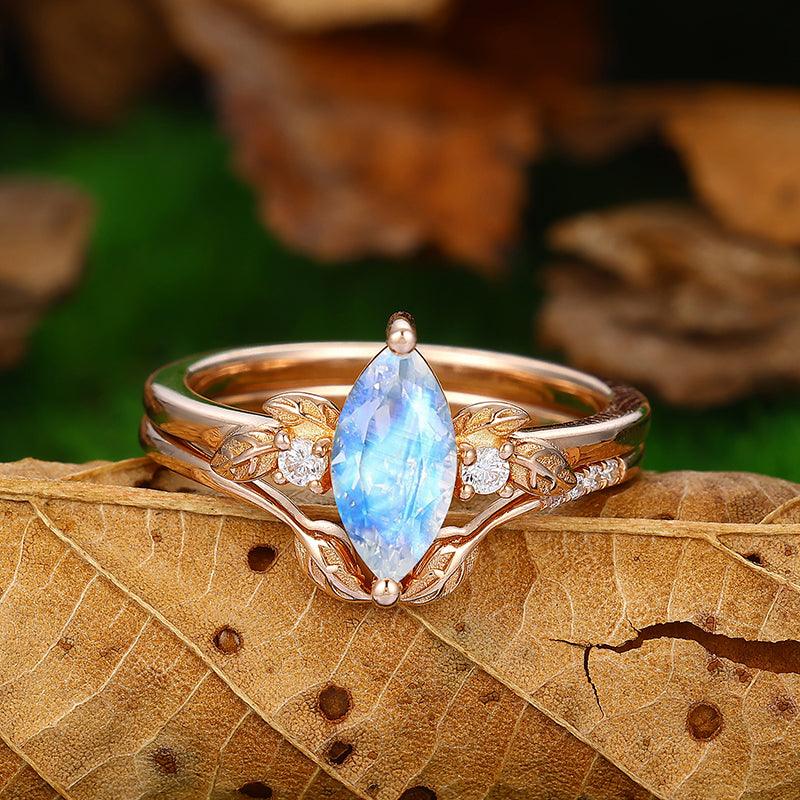 18K Rose Gold Marquise Cut Art Deco Leaf Design Moonstone Bridal Ring Set - Esdomera