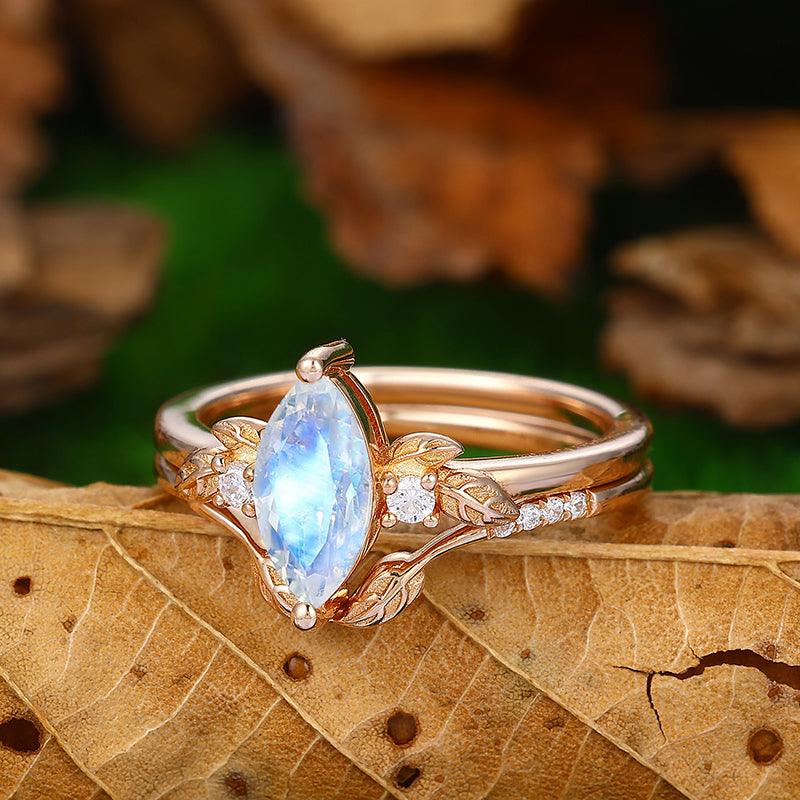 18K Rose Gold Marquise Cut Art Deco Leaf Design Moonstone Bridal Ring Set - Esdomera