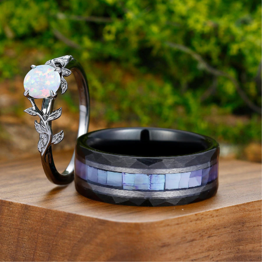 Delicados anillos de compromiso para pareja con ópalo blanco y rosa en forma de hoja, anillo de tungsteno con incrustación de concha blanca a juego