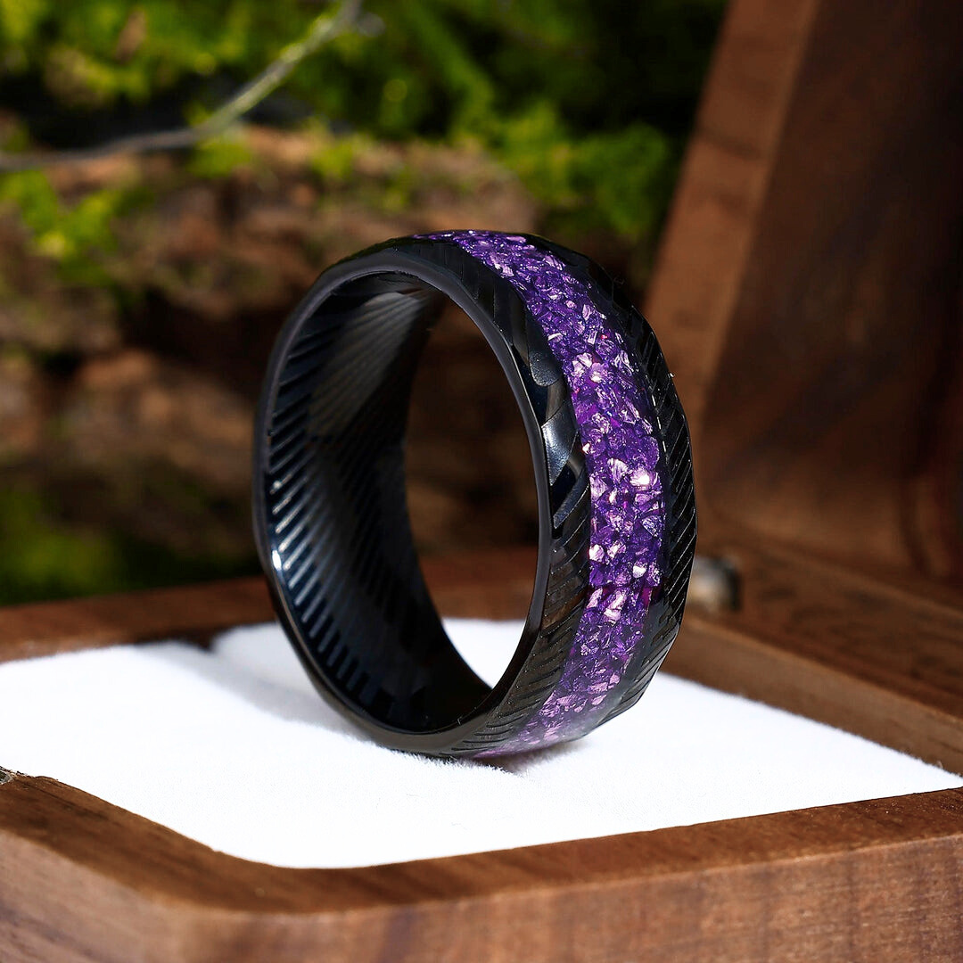 Natural Amethyst Damascus Steel Men' s Ring Hammered Black Unisex Wedding Band