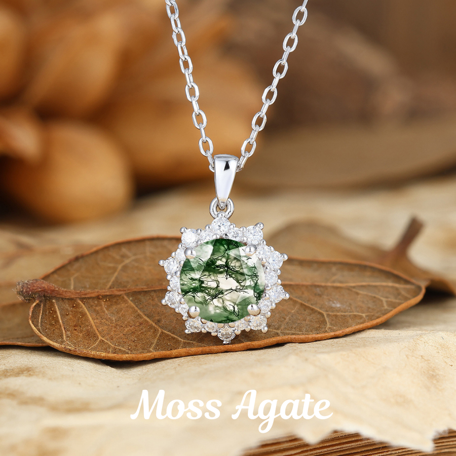 Art Deco Blumen Aquamarin Pavé Moissanit Halo Halskette Anhänger 14K Gold Halskette