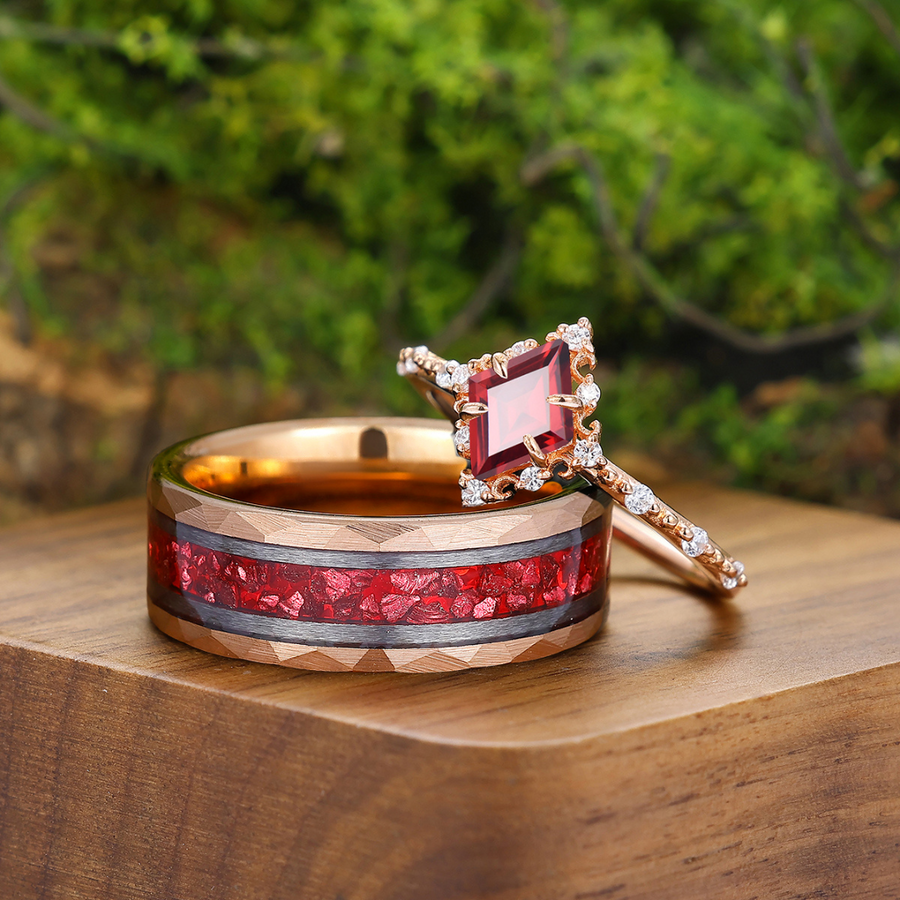 Artsy Rhombus Cut Red Garnet Engagement Couples Ring Promise His And Hers Tungsten Matching Wedding Bands -  Esdomera.com