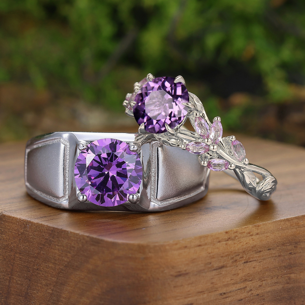 Leaf Inspired Round Natural Amethyst Couple Rings 925 Silver His And Hers Rings
