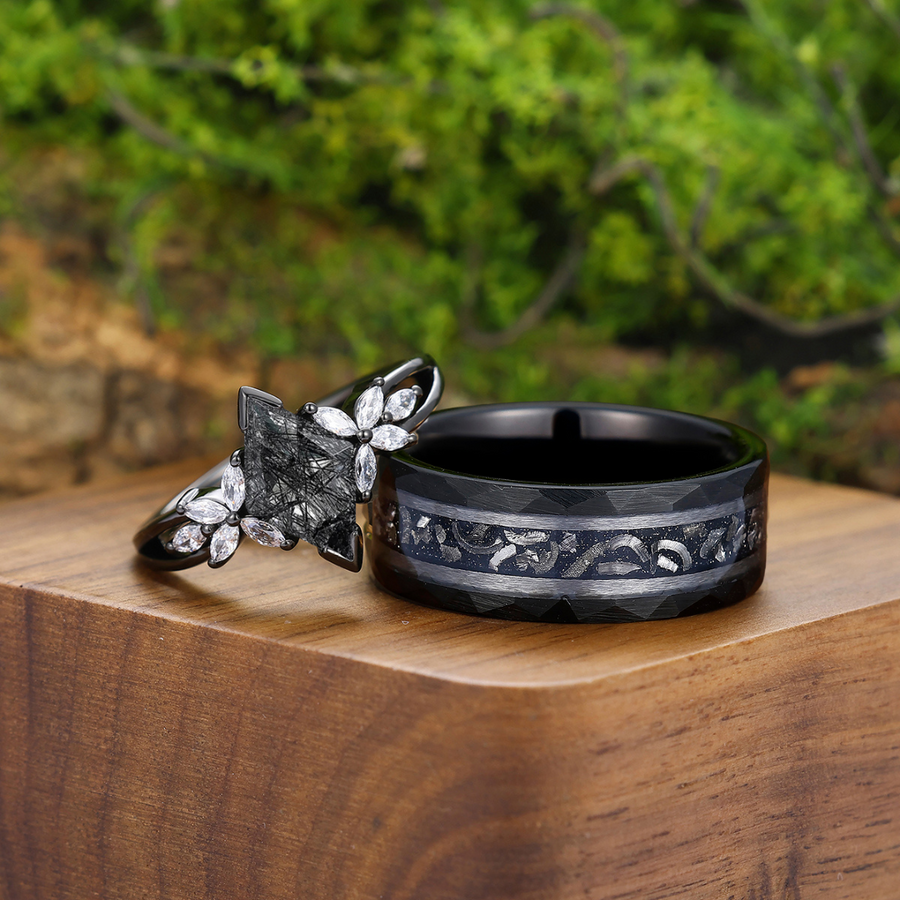 Delicate Petal Cluster Black Rutilated Quartz Engagement Couple Rings Matching Promise Wedding Bands -  Esdomera.com