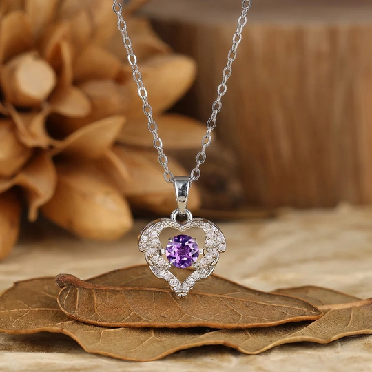 Massief witgouden romantische hartketting met ronde geslepen natuurlijke amethist, bruidshanger ketting