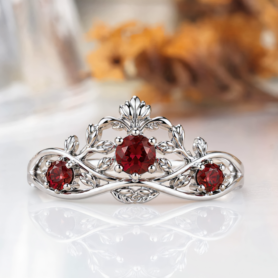 Vintage Botanical Three-Stone Garnet Engagement Ring
