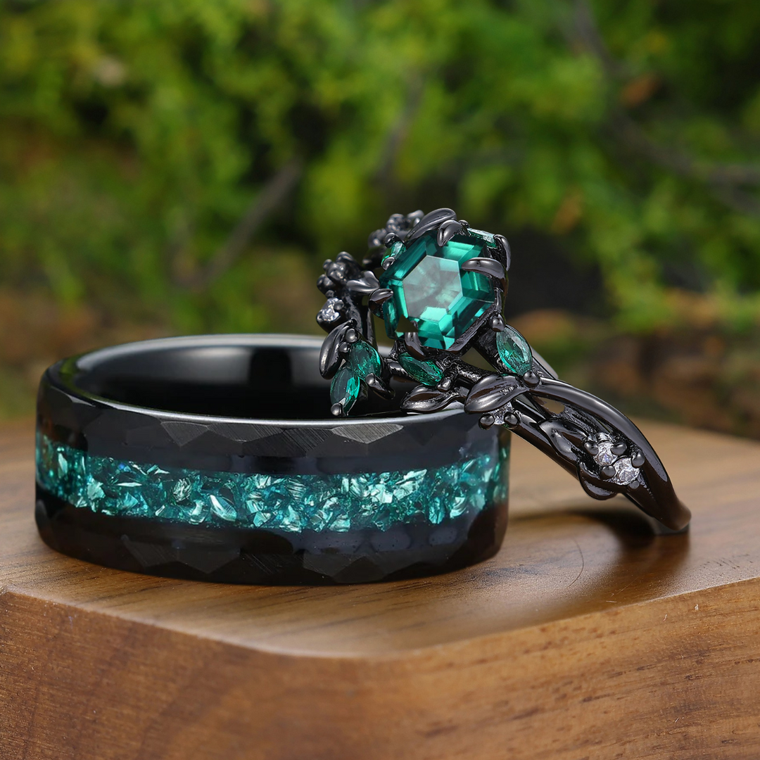 Twig Leaf-inspired Green Emerald Couple Rings Emerald Black Plated His And Hers Ring Set