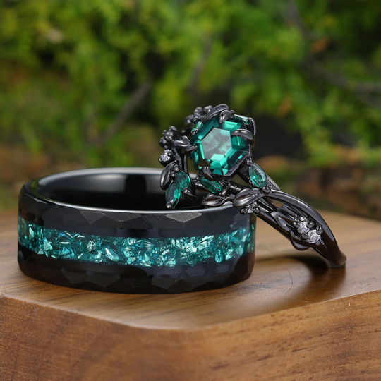 Twig Leaf-inspired Green Emerald Couple Rings Emerald Black Plated His And Hers Ring Set
