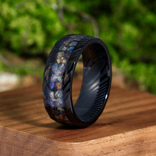 Colorful Opal 8mm  Damascus Steel Wedding Band Unique Men's Ring