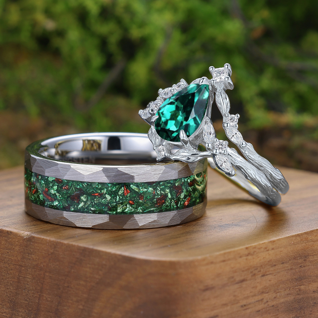 Exquisite Emerald Leaf Branch Couple Ring Set 3pcs Green His And Hers Rings Matching Ring For Women