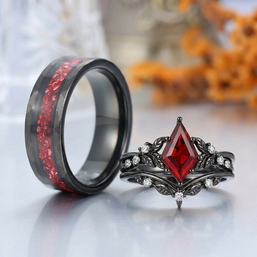 Leaf-inspired Kite Cut Red Garnet Couple Ring Set Unique Black Plated Ring Set