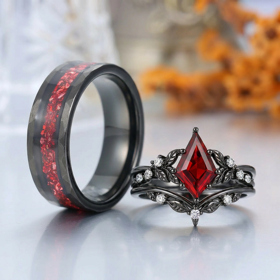 Leaf-inspired Kite Cut Red Garnet Couple Ring Set Unique Black Plated Ring Set