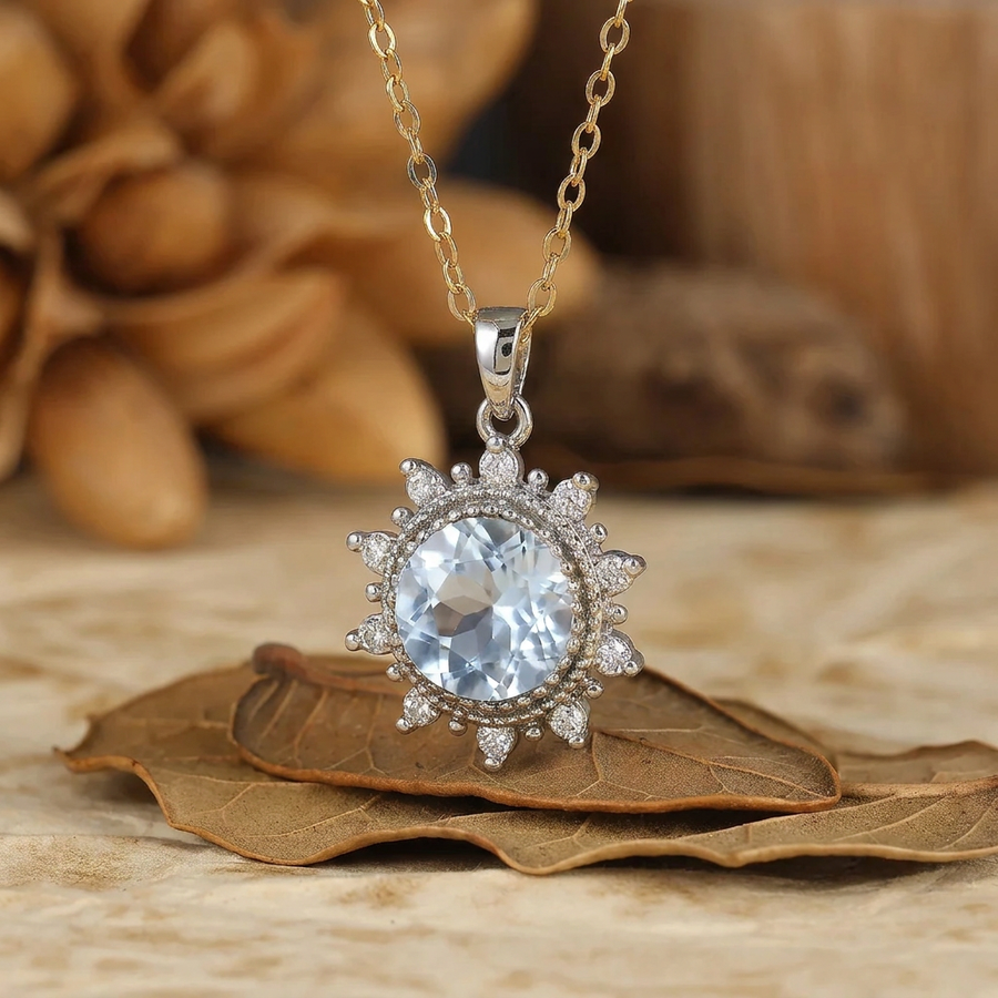 Delicate Round Cut Aquamarine Sun Halo Pendant Necklace February Birthstone 14K Gold Neckalce