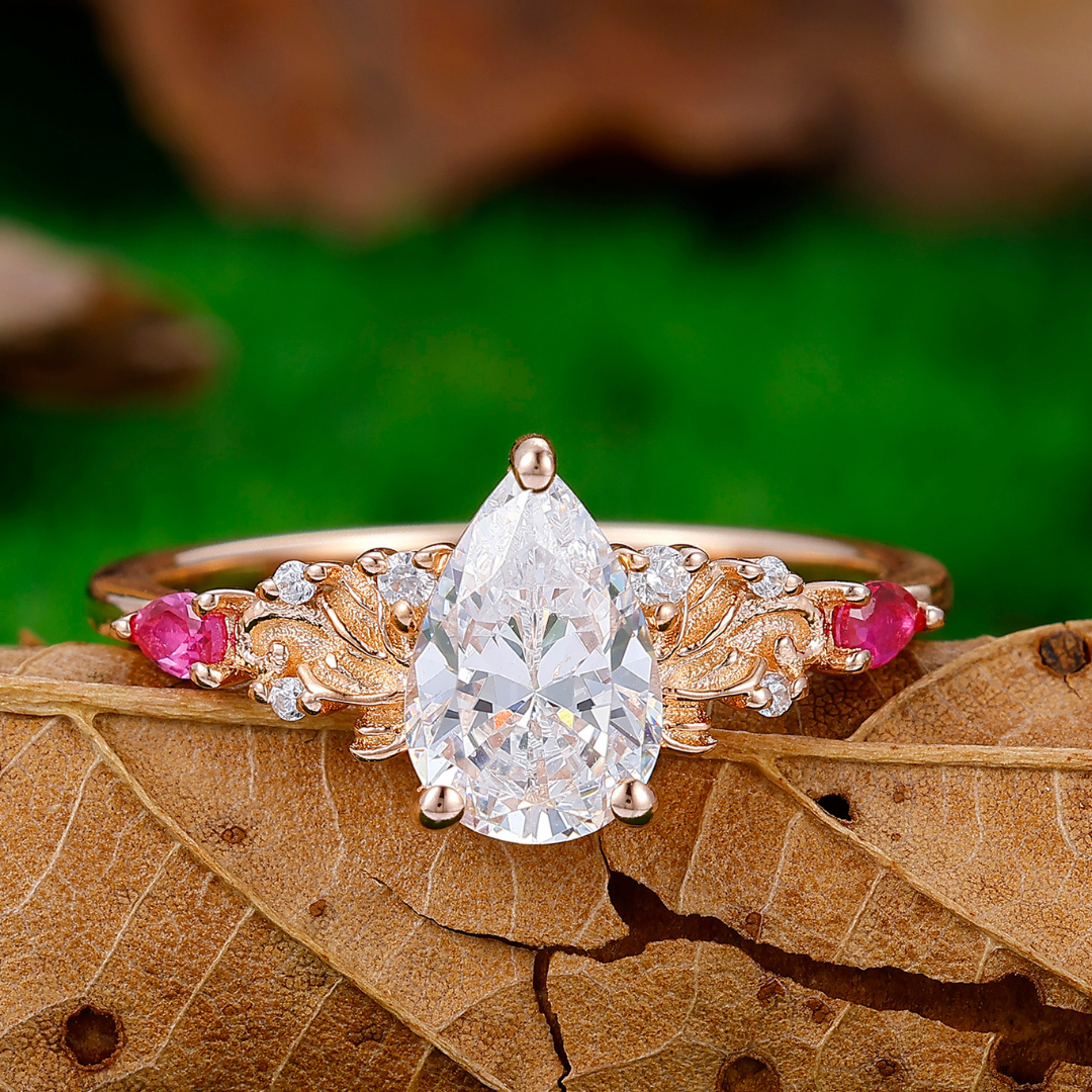 Artsy Pear Cut Moissanite Engagement Ring Deco Ruby Inlay Bridal Ring Women Fine Ring -  Esdomera.com