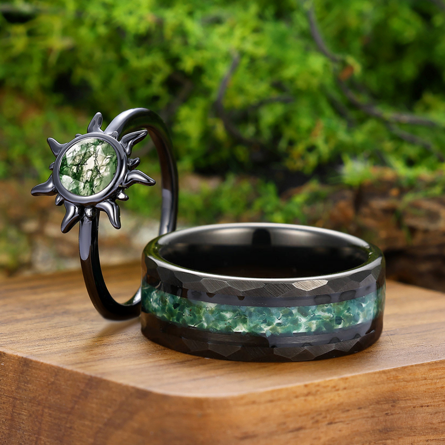 Sun Design Moss Agate Engagement His And Hers Wedding Band Unique Black Plated Personalized Couples' Set -  Esdomera.com