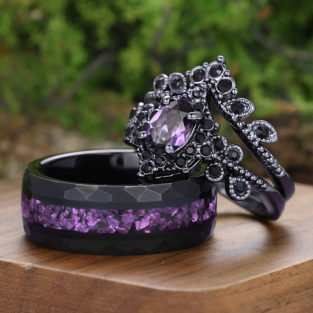 Gothic Vintage Style Natural Amethyst Milgrained His And Hers Rings Black Plated Couple Rings