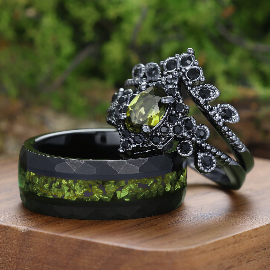 Gothic Style Oval Cut Peridot Milgrained Couple Rings Green Peridot Ring For Him And Her