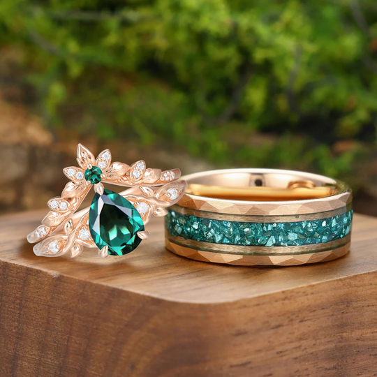 Leaf Inspired Pear Cut Emerald Matching Rings Set Exquisite Emerald Silver And Tungsten Couple Rings