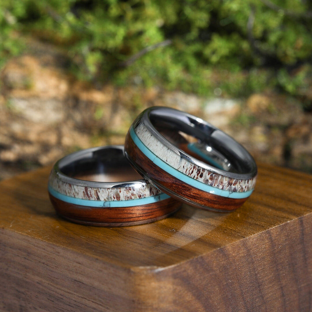 Deer Antler Hawaiian Koa Wood Turquoise Tungsten Wedding Band Tungsten Carbide Ring Men’s Anniversary Ring Promise Unisex Ring