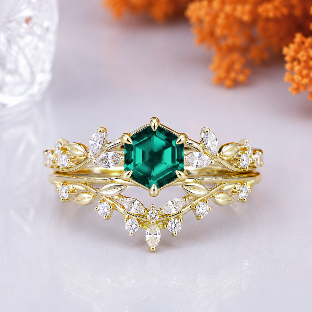 Vine Sprig Hexagon Cut Emerald Engagement Ring Set 2pcs Natural Inspired Ring Set For Her
