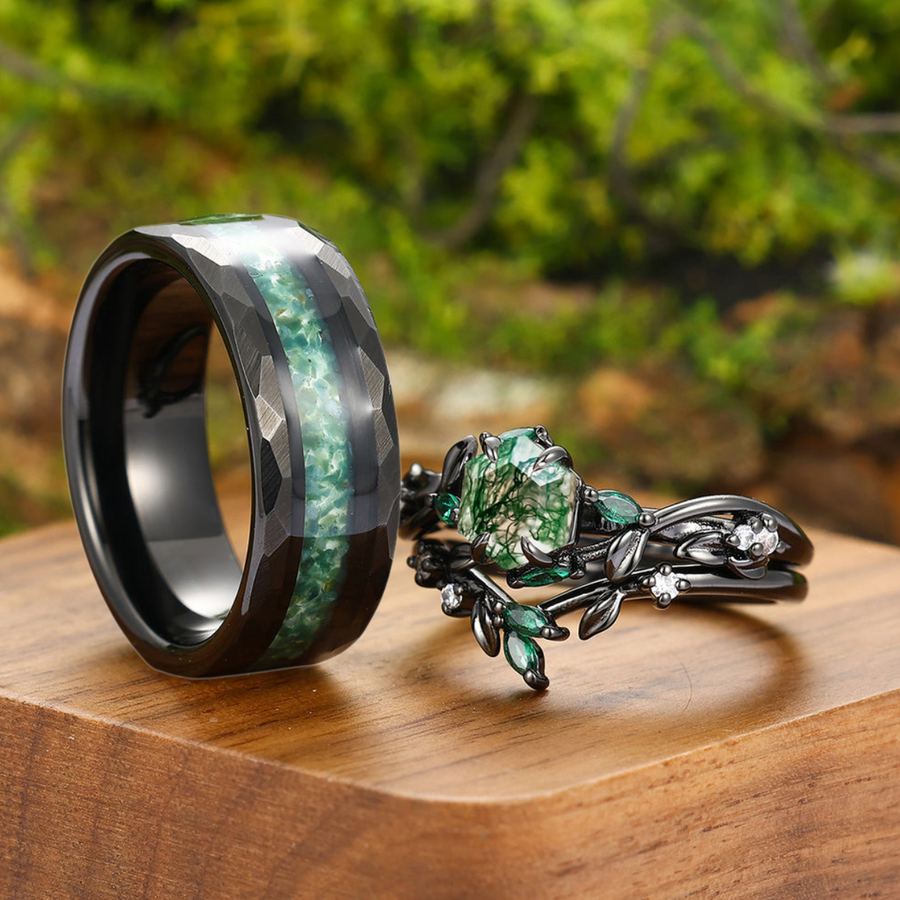 Exquisite Moss Agate Sprigs Engagement Couple Rings Set Promise Green Tungsten Matching Wedding Rings