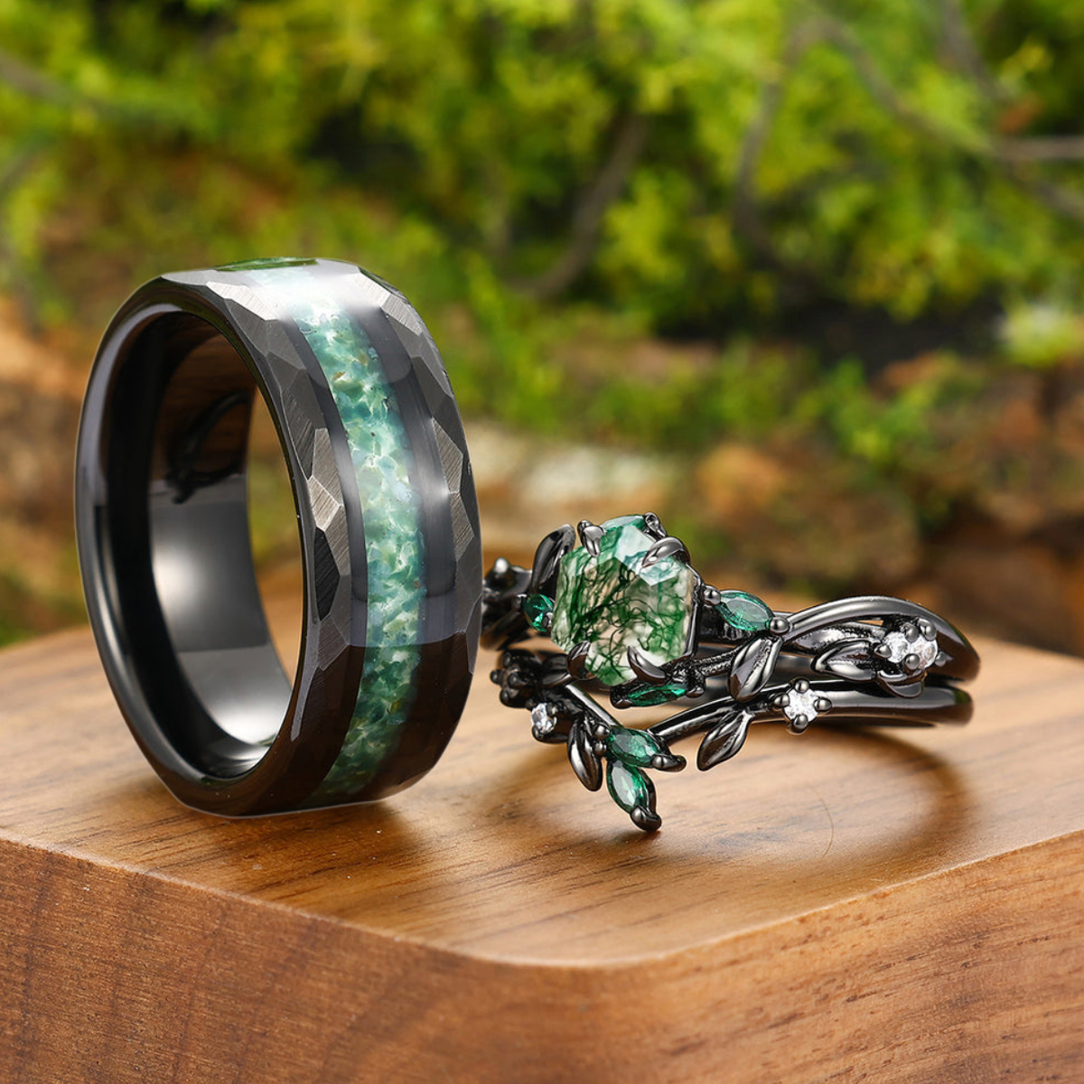 Exquisite Moss Agate Sprigs Engagement Couple Rings Set Promise Exquisite Moss Agate Sprigs Engagement Couple Rings Set Promise