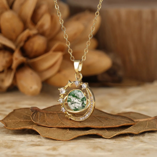 925 Silver Dainty Round Natural  Amethyst Moon and Stars Pendant Necklace 14K Gold Neckalce