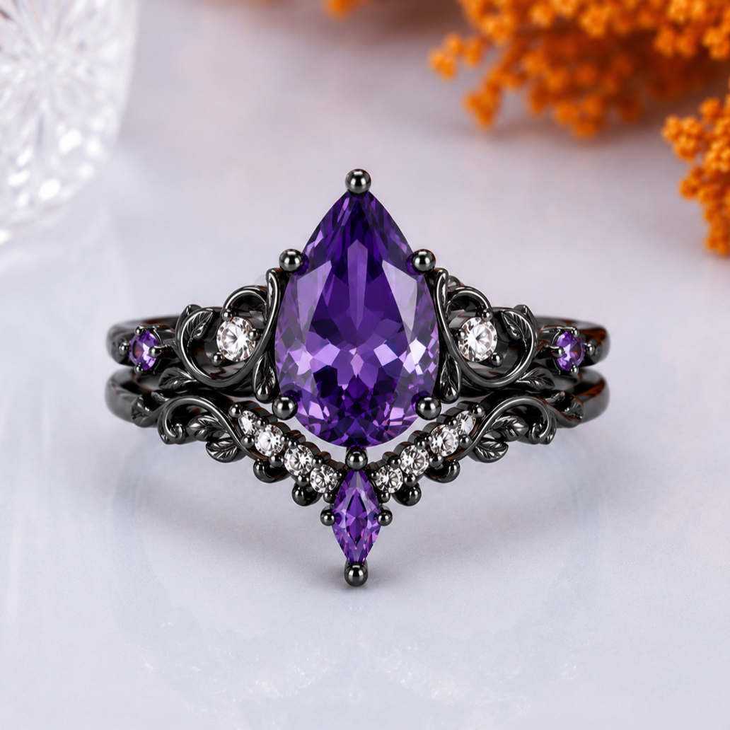 Botanical 1.5CT Pear Amethyst 2pcs Bridal Ring Set Leaf Design Engagement Ring Set
