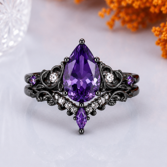 Botanical 1.5CT Pear Amethyst 2pcs Bridal Ring Set Leaf Design Engagement Ring Set