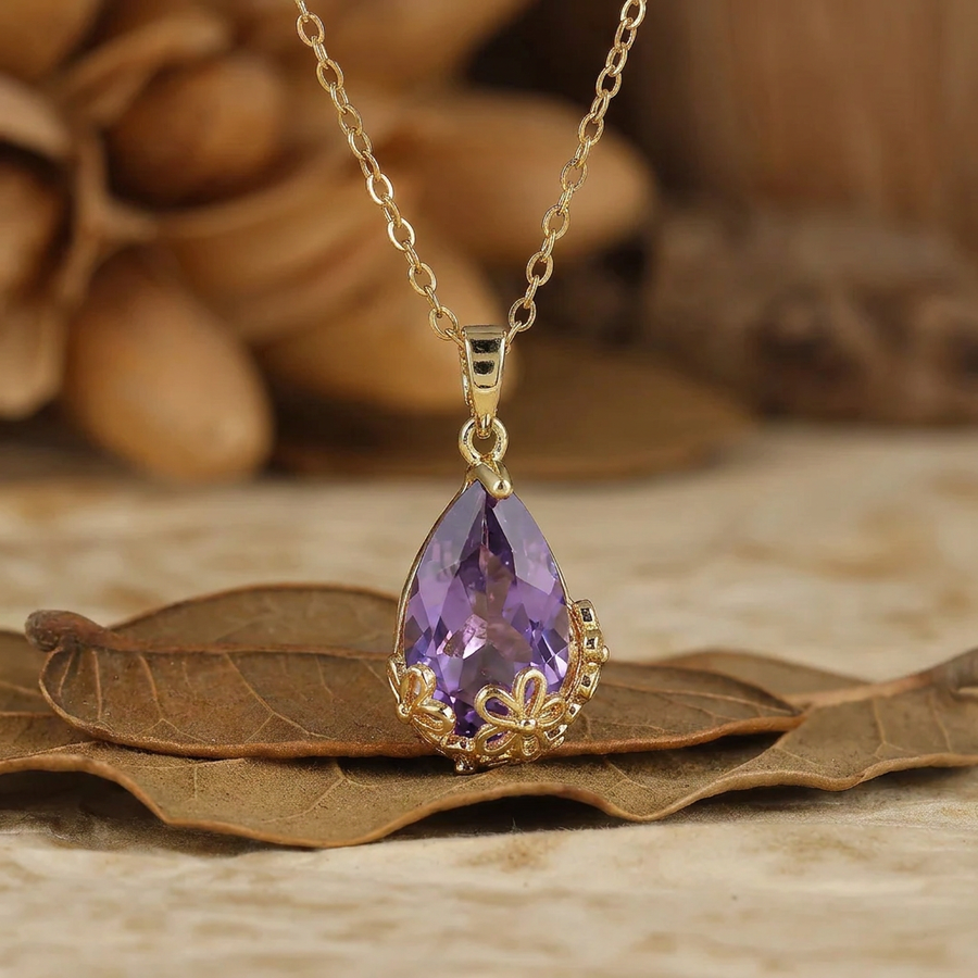 Royal Filigraan Kroon Ontwerp Peren Geslepen Natuurlijke Amethist Hanger Ketting Jubileum Bruiloft Hanger