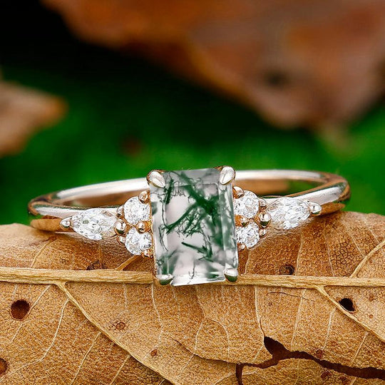 1CT Emerald Cut Natural Moss Agate Engagement Ring Anniversary Bridal Ring Gift - Esdomera