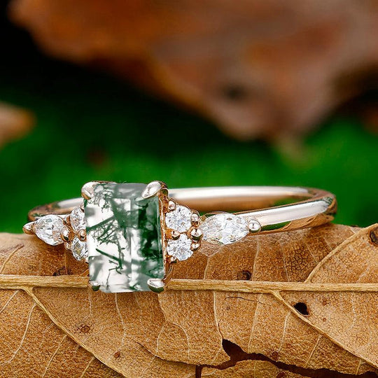 1CT Emerald Cut Natural Moss Agate Engagement Ring Anniversary Bridal Ring Gift - Esdomera