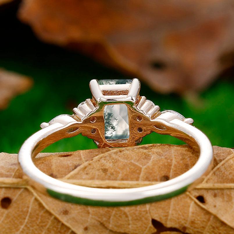 1CT Emerald Cut Natural Moss Agate Engagement Ring Anniversary Bridal Ring Gift - Esdomera