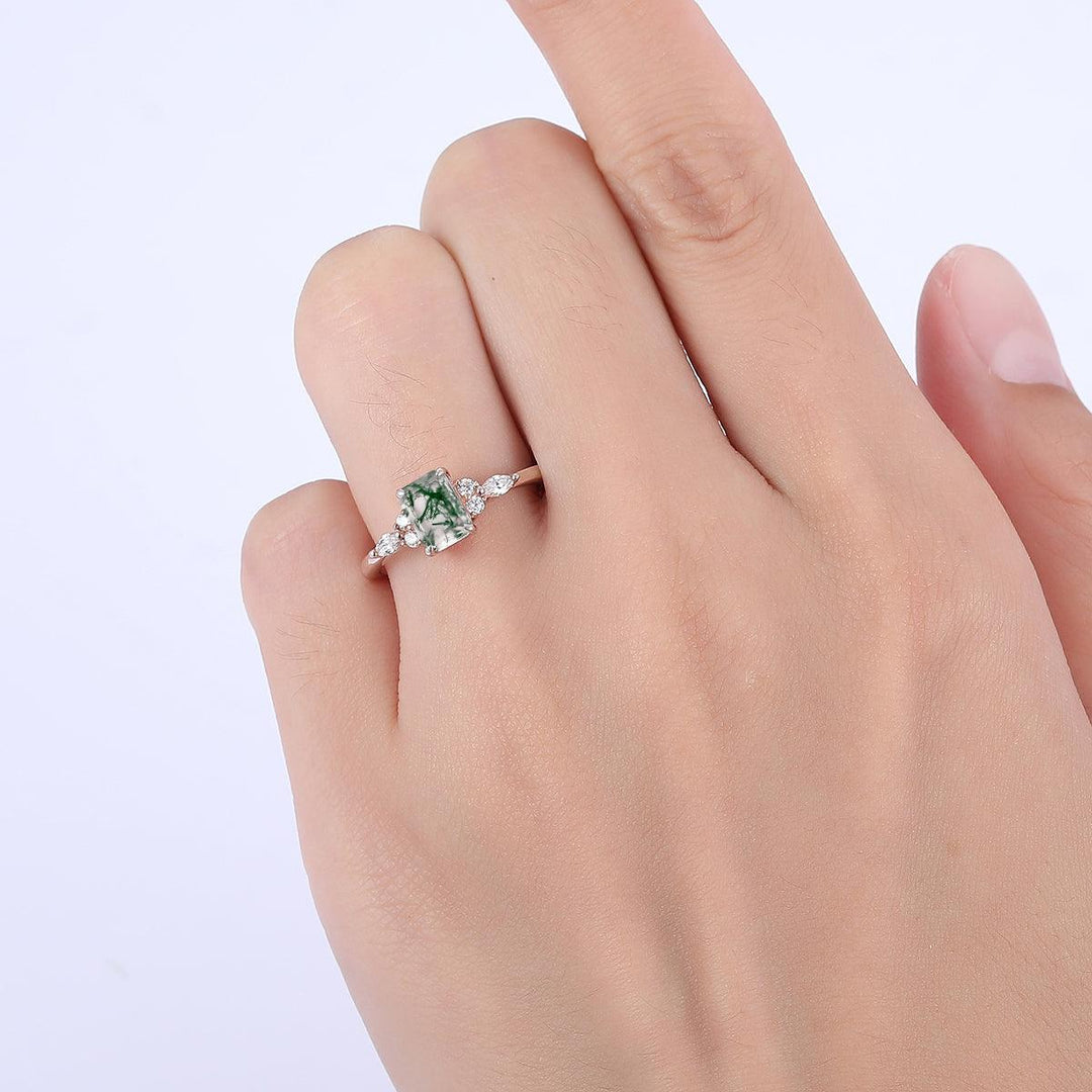 1CT Emerald Cut Natural Moss Agate Engagement Ring Anniversary Bridal Ring Gift - Esdomera