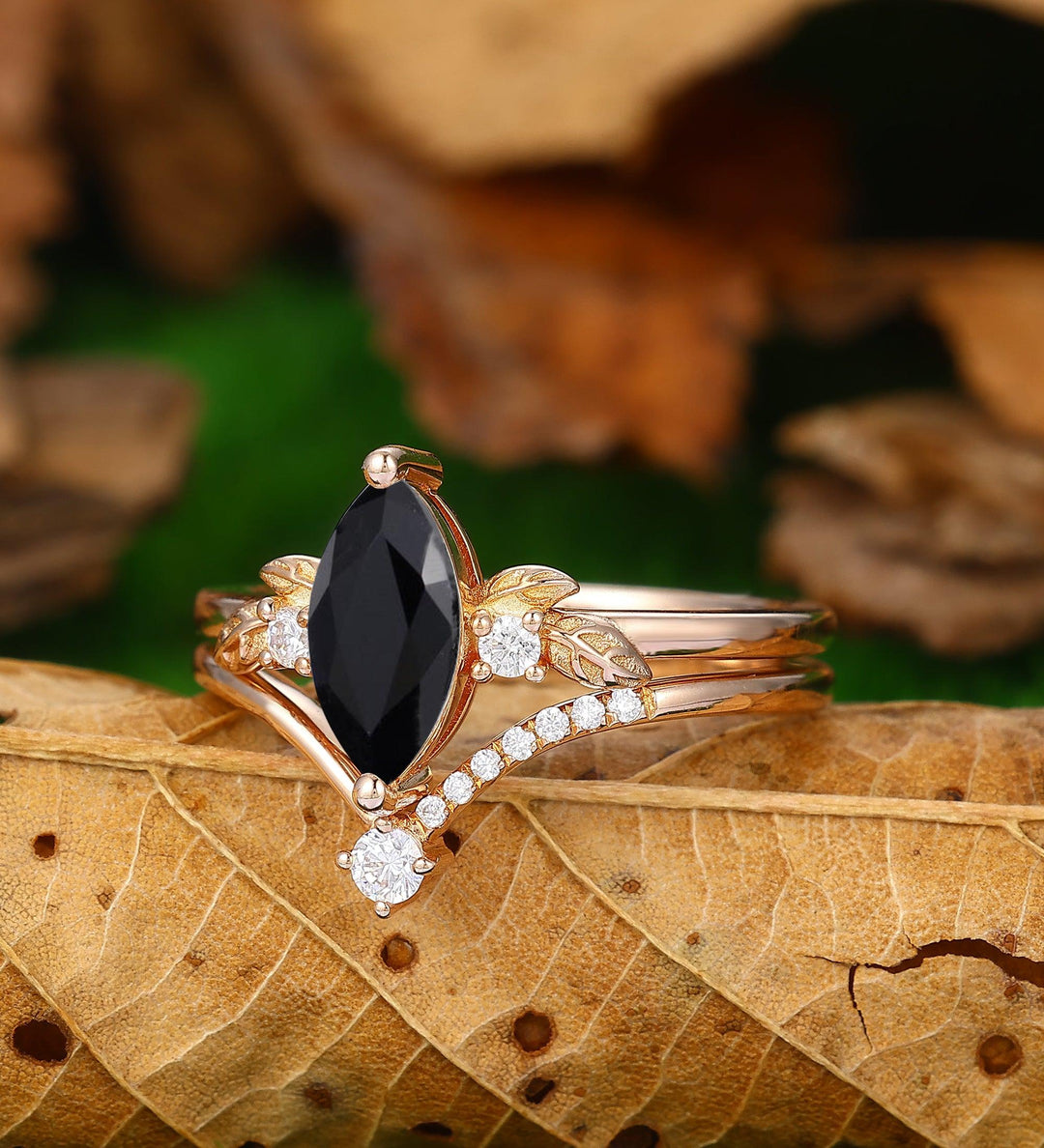 1CT Marquise Shaped Black Onyx Bridal Set In Rose Gold Art Deco Leaf Moissanite Wedding Band - Esdomera