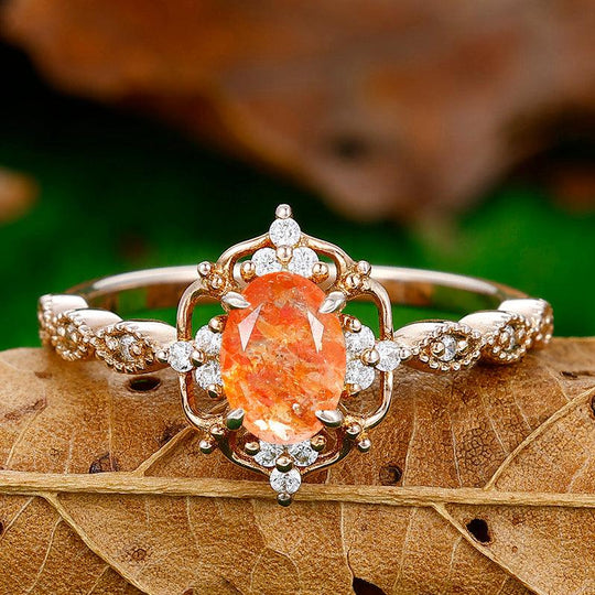 1CT Oval Cut Natural Sunstone Cluster Engagement Ring For Women Gift - Esdomera