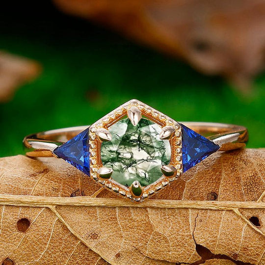 1CT Round Cut Moss Agate Engagement Ring Triangle Sapphire Inlaid Women Fine Ring - Esdomera