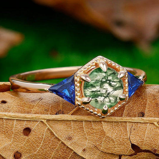 1CT Round Cut Moss Agate Engagement Ring Triangle Sapphire Inlaid Women Fine Ring - Esdomera