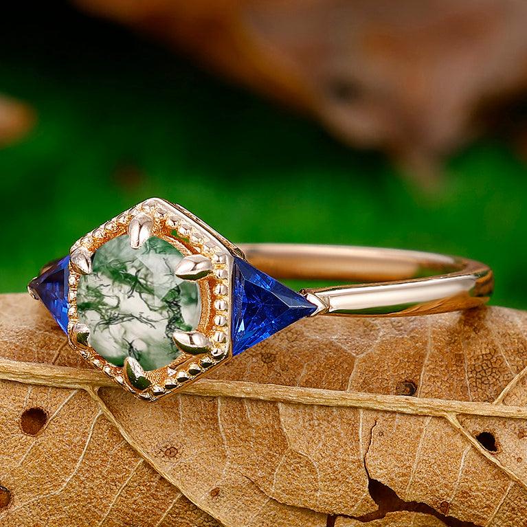 1CT Round Cut Moss Agate Engagement Ring Triangle Sapphire Inlaid Women Fine Ring - Esdomera