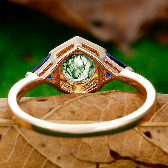 1CT Round Cut Moss Agate Engagement Ring Triangle Sapphire Inlaid Women Fine Ring - Esdomera