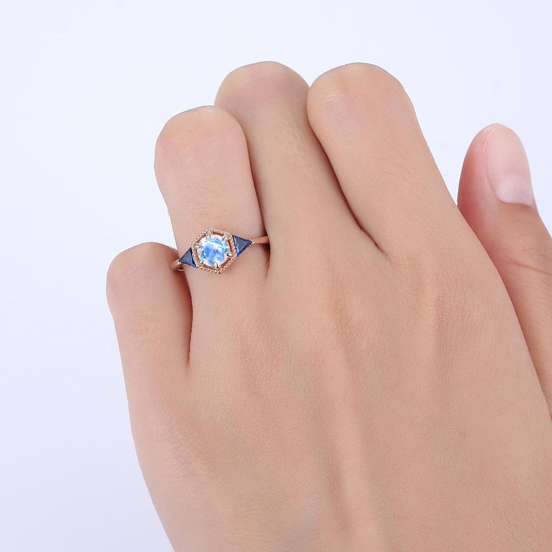 1CT Round Cut Natural Moonstone Engagement Ring Sapphire Inlaid For Women Gift - Esdomera