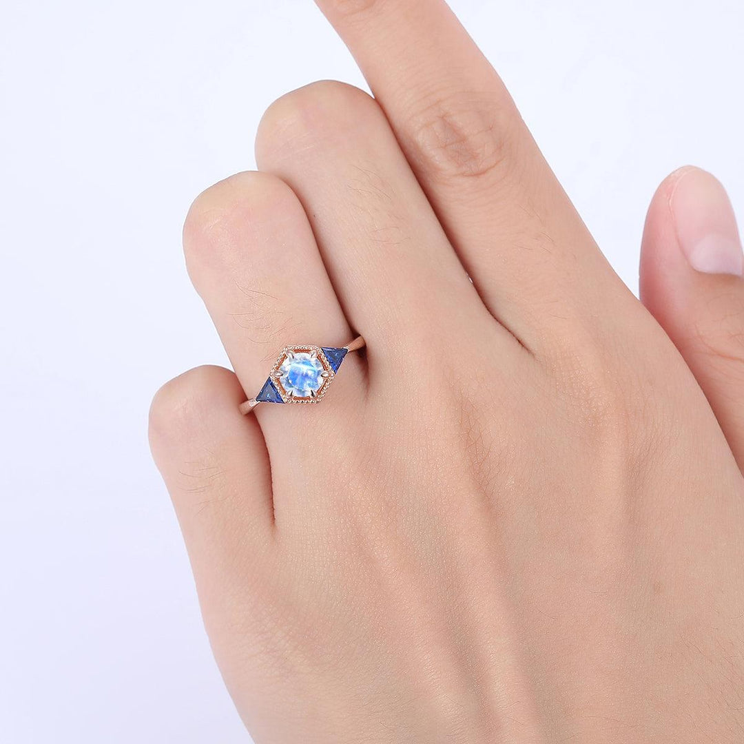 1CT Round Cut Natural Moonstone Engagement Ring Sapphire Inlaid For Women Gift - Esdomera