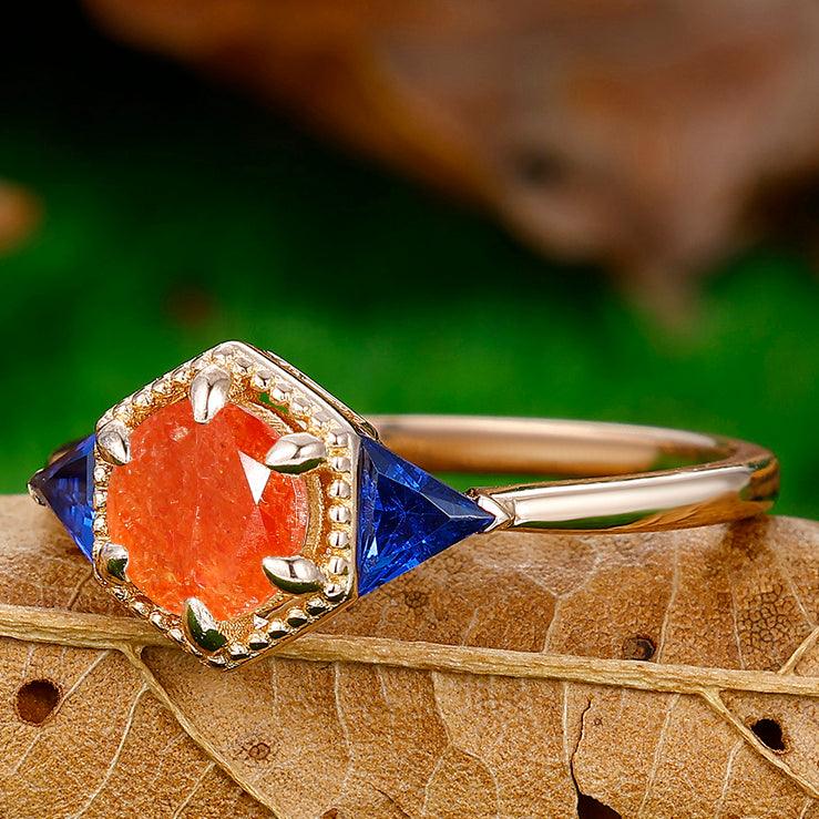 1CT Round Cut Natural Sunstone Engagement Ring Sapphire Inlaid Women Fine Ring - Esdomera