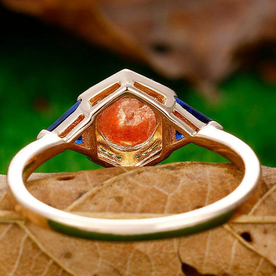 1CT Round Cut Natural Sunstone Engagement Ring Sapphire Inlaid Women Fine Ring - Esdomera