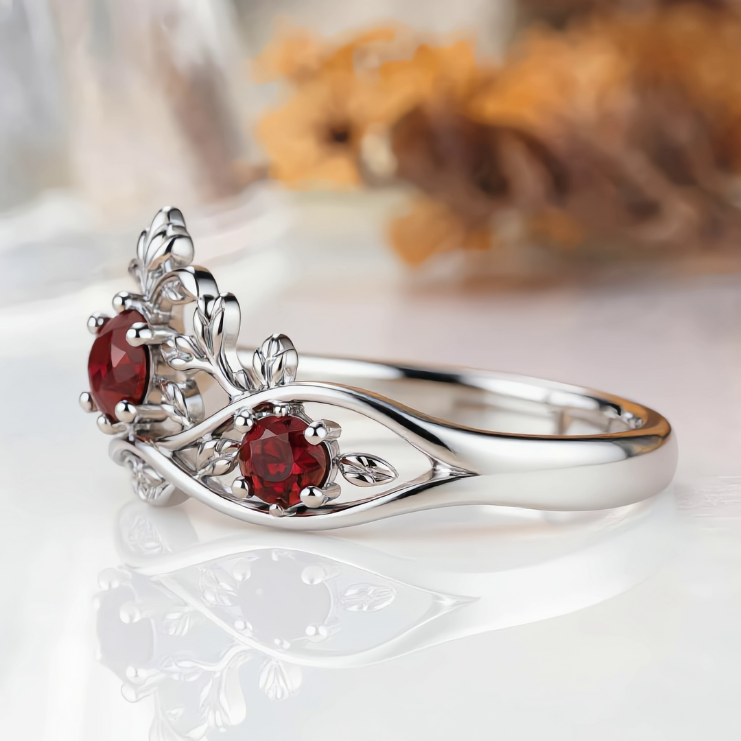 Vintage Botanical Three-Stone Garnet Engagement Ring